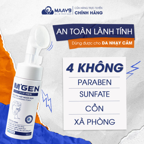 Bọt rủa mặt ngừa mụn m'gen CHO NAM KHÔNG PARABEN, KHÔNG SUNFATE, KHÔNG CỒN, KHÔNG XÀ PHÒNG AN TOÀN LÀNH TÍNH DÙNG ĐƯỢC CHO CẢ DA NHẠY CẢM