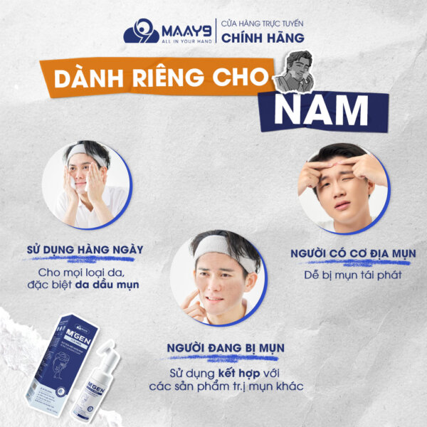 Bọt rửa mặt ngừa mụn cho nam m'gen phù hợp sử dụng rủa mặt hàng ngày, cho người da dầu mụn, người có cơ địa bị mụn, dùng phòng, ngừa mụn