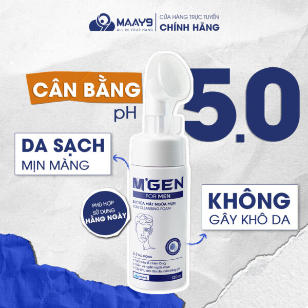 bọt rủa mặt ngừa mụn m'gen độ pH=5.0 phù hợp với sinh lý da mặt nam giới, giúp da sạch sâu nhưng không làm da bị khô căng