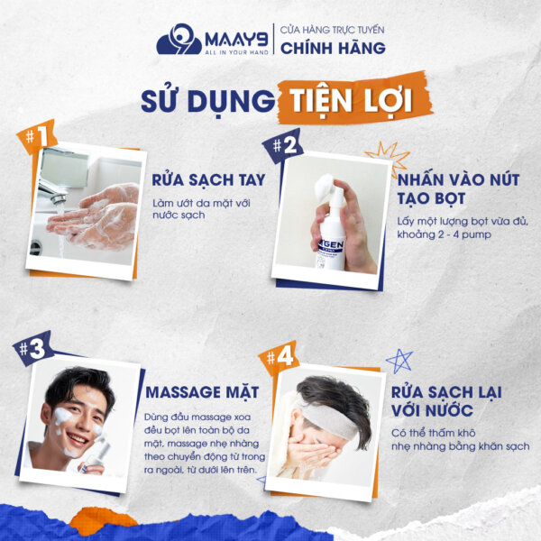 Sử dụng dễ dàng với 4 bước. Chỉ một chai bọt rủa mạt thay thế cho sữa rủa mặt, máy rủa mặt và dụng cụ tạo bọt